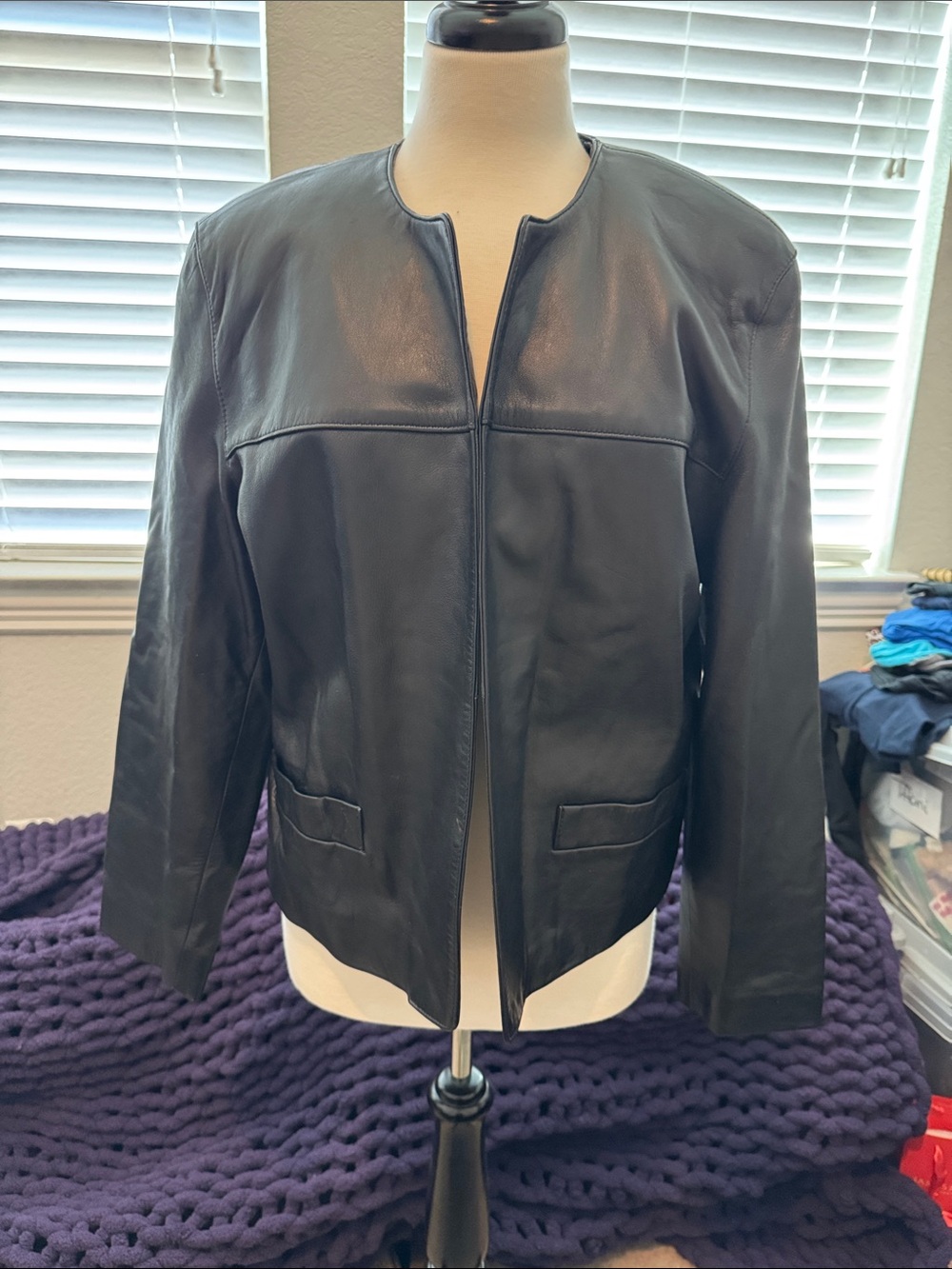 Preston & York Black Leather Collarless Jacket